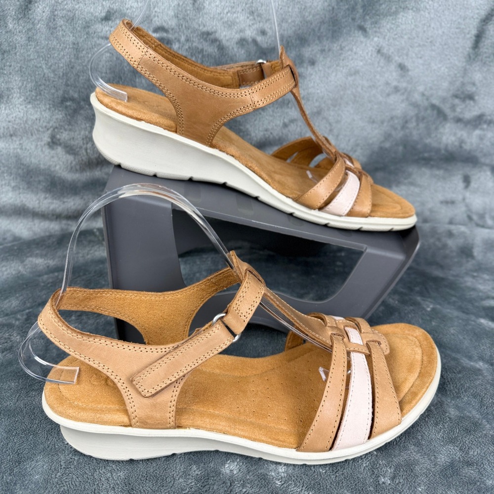 ECCO Tan Leather T-Strap Ankle Strap Wedge‎ Sandals Women's Size EU 41 US 10 - Picture 11 of 11